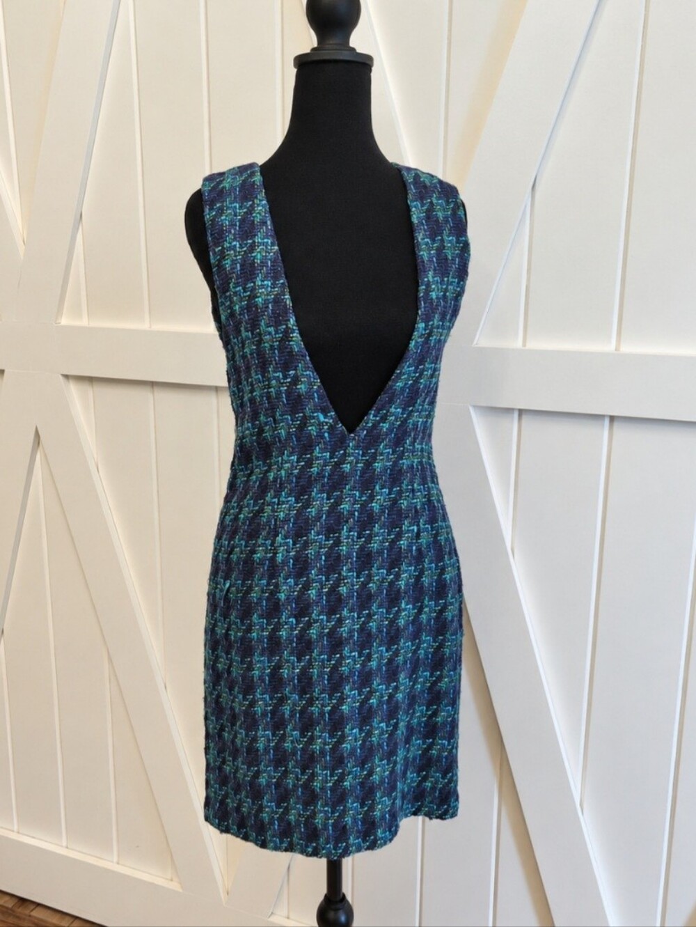 The Limited Size 6 Teal Navy Tweed Pinafore Dress Deep V Sleeveless Sheath